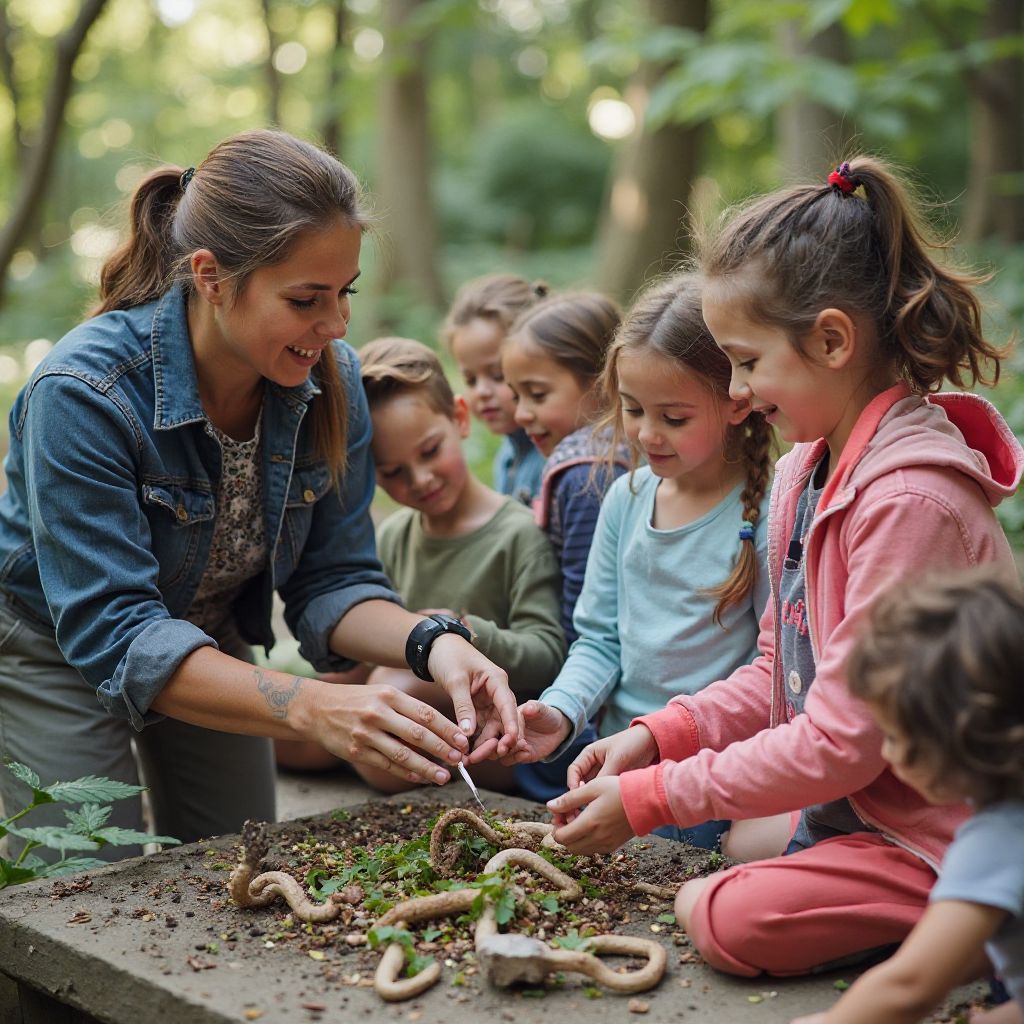Zoo staff working with school children on conservation education